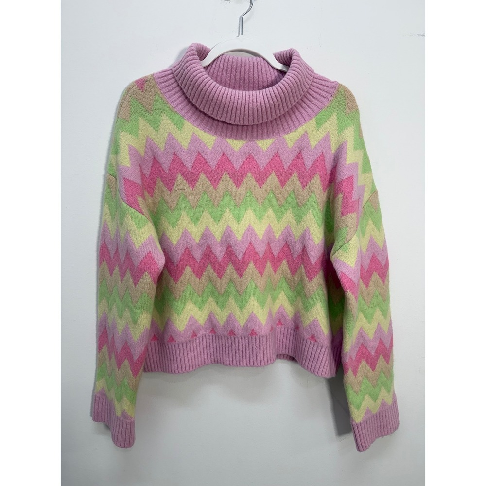 THML Turtleneck Sweater L Pink Green Chevron Zigzag Knit Pullover